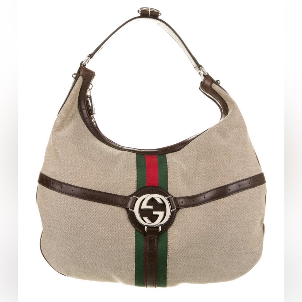 Gucci Beige Canvas Hobo Bag with Green-Red Stripe